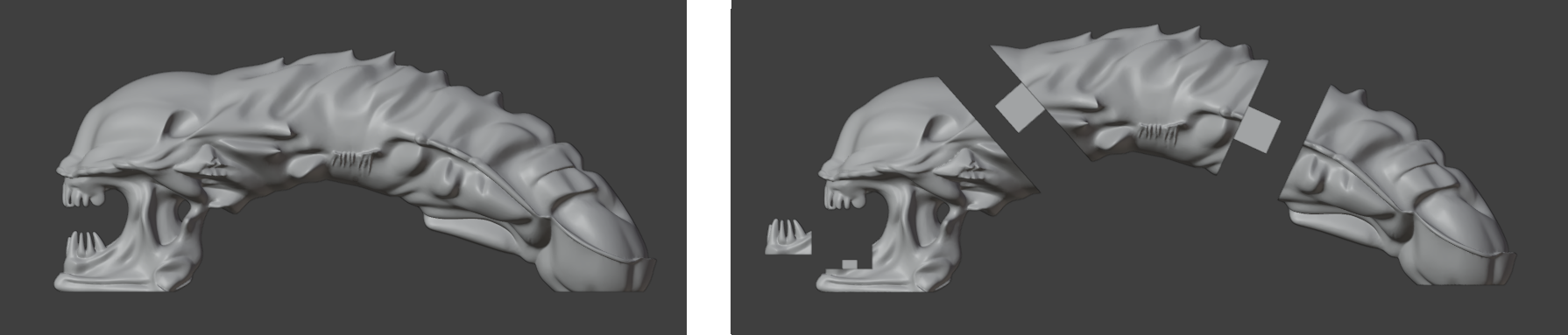 Modelo 3D del Alien completo y dividido en secciones para su fabricación