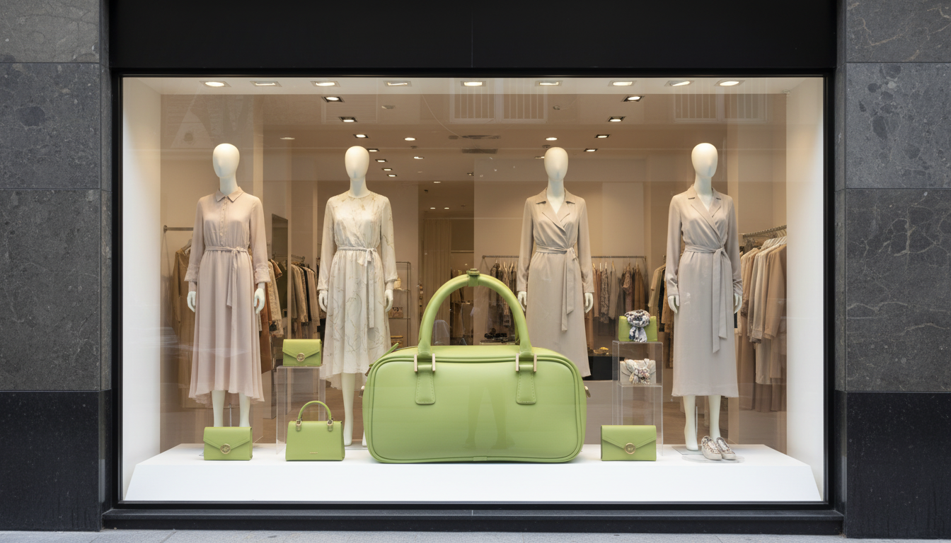 Visualización del bolso gigante como elemento central de un escaparate de moda