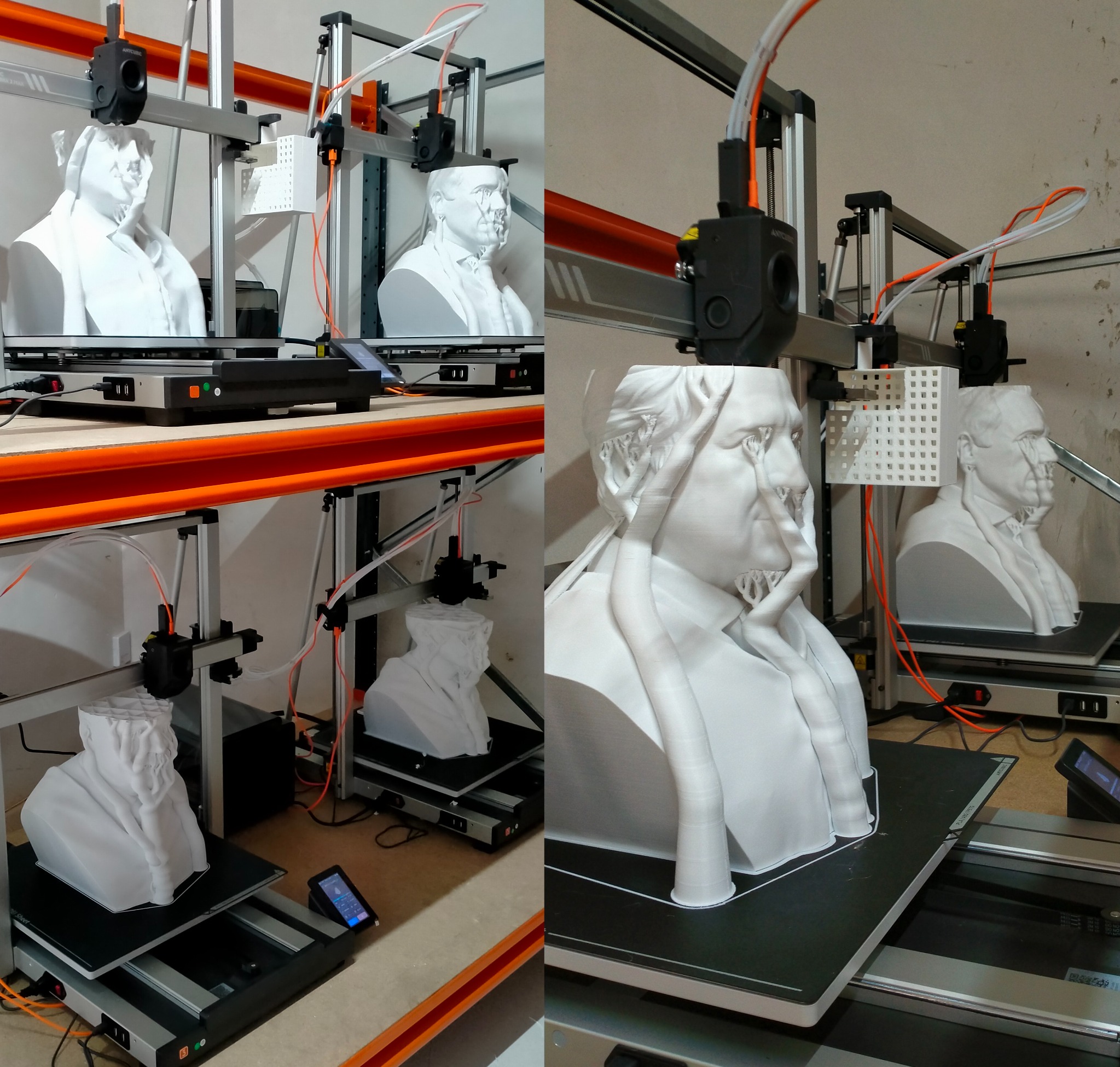 Cuatro bustos personalizados fabricándose simultáneamente en varias impresoras 3D